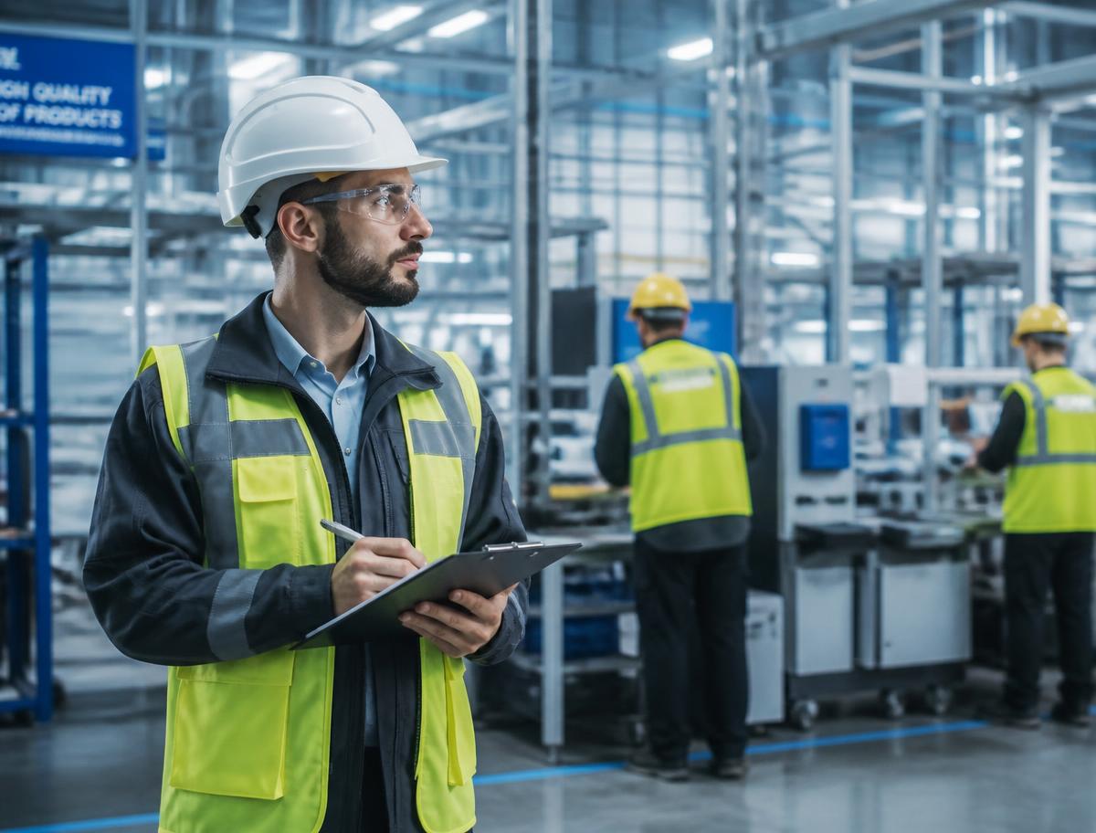 Engenheiro de segurança do trabalho inspecionando ambiente industrial